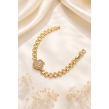 Balenbi Jewelry Kadın Taşlı Büyük Kalp Figürlü Kalp Zincir Kararmaz Çelik Bileklik 14K Gold 1140