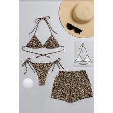 EkoAlışverişDünyam Kadın 3'lü Set Leopar Desenli Şortlu ve Yandan Bağlamalı Bikini Mayo Takımı