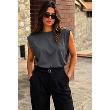 Guaraz Kadın Sıfır Kol Bisiklet Yaka %100 Pamuk Oversıze Kolsuz Kejıl T-Shirt