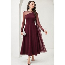 Etiler Collection Kadın Uzun Kollu Yarı Balıkçı Yaka Tül Detaylı Uzun Sandy Elbise