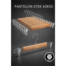 Marsilyan 12 Adet Ahşap Pantolon Etek Askısı - Ayarlanabilir Gümüş Mandallı 36CM Organizer Set