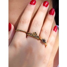 Esha Store Doğal Taşlı 3'lü Garnet (Lal) Doğal Taşlı Güneş Modelli Kadın Ayarlanabilir Yüzük Seti EUY85