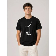 Erkek Astronot Ay Temalı Tişört Kısa Kol Yazlık Bisiklet Yaka T-Shirt - Siyah