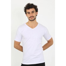 Erkek Likralı V Yaka Beyaz T-Shirt