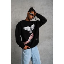 Mbb E-Ticaret Erkek Güvercin Baskılı 3 Iplik Bisiklet Yaka Ipamuklu Sweatshirt - Siyah