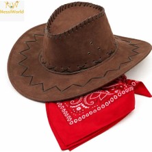 Mbb E-Ticaret Çocuk Kovboy Şapka Kahverengi & Kırmızı Bandana Seti