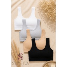Sensiva Lingerie 4 ' Lü Fitilli Kalın Askı Bustiyer  - Yanları Kapatan Pamuklu Crop Yarım Atlet - Telsiz Konfor ( 4 Adet ) Siyah-Beyaz-Ten-Gri