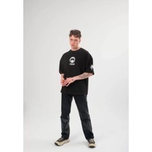 Unisex Bisiklet Yaka Baskılı Oversize T-Shirt - Siyah