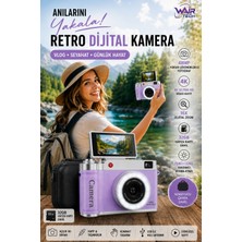 Wair Teknoloji 4K Çantalı Dijital Retro Video Kamera 48MP 16X Zoom Işıklı Lens 2.4" Döner Ekran 32GB Hafıza Kartlı Fotoğraf Makinesi Pembe