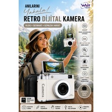 Wair Teknoloji 4K Çantalı Dijital Retro Video Kamera 48MP 16X Zoom Işıklı Lens 2.4" Döner Ekran 32GB Hafıza Kartlı Fotoğraf Makinesi Pembe