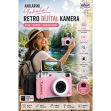 Wair Teknoloji 4K Çantalı Dijital Retro Video Kamera 48MP 16X Zoom Işıklı Lens 2.4" Döner Ekran 32GB Hafıza Kartlı Fotoğraf Makinesi Pembe