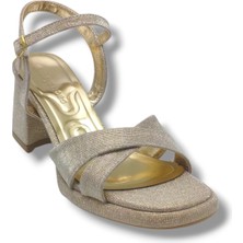 Erbay 405-26 Simli Çupra Kumaş Çapraz Bant Kalın Topuk Kadın Sandalet(7cm)