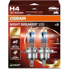 Osram H4 Night Braker 220 Ampul, 12V,%220 Fazla Işık, 2'li Paket