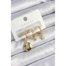 Lumina Zirkon Taşlı Yıldız ve Ay Model Gold Renk 3'lü Çift Kadın Küpe Set 5886
