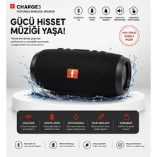 Tastech Charge3 Bluetooth Hoparlör USB ve Hafıza Kartı Girişli Fm Radyolu Şarjlı Taşınabilir Kablosuz Speaker Mp3 Çalar Tüm Cihazlara Uyumlu-Siyah