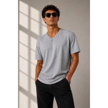 Erkek V Yaka Basic Tişört Kısa Kol Yazlık Regular Fit T-Shirt - Gri