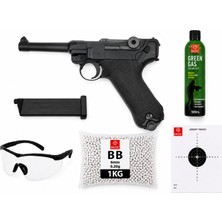 We P08 Luger 4'' Full Metal Blowback Airsoft Tabanca Greengas, BB ve Koruyucu Gözlük,Hedef Kağıdı Hediyeli