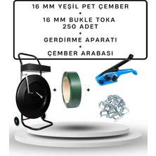 Dalpak Ambalaj 16 mm Yeşil Çember ( Yeşil Polyester Şerit ) + 250 Adet Çember Tokası + Çember Taşıma Arabası + Çember Germe Aleti