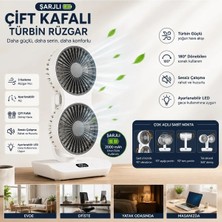 Tastech HR001 Çift Kafalı Vntilatör Otomatik Salınımlı Şarjlı Masaüstü ve Duvara Asılabilir Fan Serinletici LED Işıklı Mini Klima -Beyaz