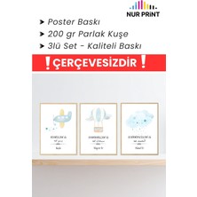 Nur Print Çerçevesiz Poster Seti 3'lü, Bebek ve Çocuk Odası Dekoru, Yüksek Kaliteli Poster, 'bismillah, Subhanallah, Elhamdülillah' Yazılı, Çerçeve Yok