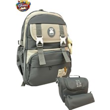 Glanart Ful Astarlı 5 Bölmeli Ilk Öğretim Çantası (Termoslu Beslenme+ Kalemlik ) Set . Su Geçirmez Kumaş Gri