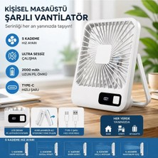 Tastech Masaüstü Şarjlı Fan 5 Hız Kademeli Ultra Ince LED Şarj Göstergeli Asılabilir Vantilatör Serinletici Mini Klima-Beyaz