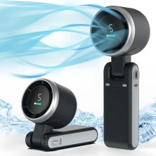 Tastech Şarjlı El Fanı 5 Kademe Hız Ayarlı Boyun Askı Ipli Serinletici Vantilatör LED Ekranlı Mini Fan -Siyah