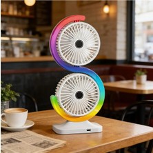 Tastech Rgb LED Işıklı Masaüstü Şarjlı Vantilatör Yön Ayarlı 5 Kademeli Fan 2 Li Serinletici Dual Fan