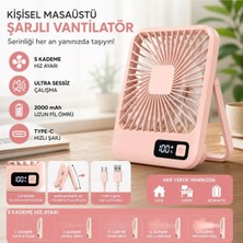 Tastech Masaüstü Şarjlı Fan 5 Hız Kademeli Ultra Ince LED Şarj Göstergeli Asılabilir Vantilatör Serinletici Mini Klima-Pembe