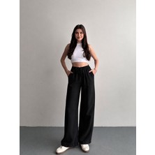 Moda Rüyası Kadın Beli Lastikli Bağcıklı Keten  Bol Paça Palazzo Pantolon Günlük Rahat Yazlık