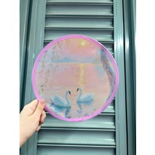 D2listone Desenli Katlanabilir Yuvarlak Çantalı Yazlık Taşınabilir El Yelpazesi Kuğu Desenli 25CM