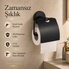 Alper Banyo Rosa Model Siyah Kapaklı Tuvalet Kağıtlığı, 304 Paslanmaz Çelik Açık Tuvalet Kağıdı Askısı, Yapışkanlı ve Vidalı Montajlı, 5 Yıl Garantili
