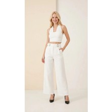 Kadın Yüksek Bel Tokalı Kemer Görünümü Wide-Leg (Geniş Paça) Palazzo Pantolon