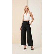 Kadın Yüksek Bel Tokalı Kemer Görünümü Wide-Leg (Geniş Paça) Palazzo Pantolon