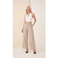 Kadın Yüksek Bel Tokalı Kemer Görünümü Wide-Leg (Geniş Paça) Palazzo Pantolon