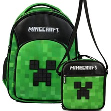 Minecraft Erkek Çocuk Ilkokul Çantası ve Beslenme Çantası Seti (Minecraft Kabartmalı) Siyah - Yeşil - SETMC26609B