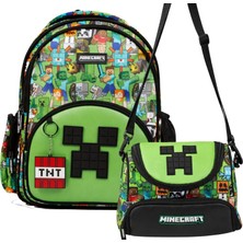 Minecraft Erkek Çocuk Ilkokul Çantası ve Beslenme Çantası Seti (Minecraft Yazılı) Yeşil - Siyah - SETMC26600B