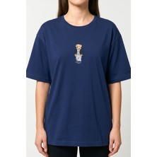 Hadiora Kadın Lacivert Ayıcık Nakışlı Pamuklu T-Shirt