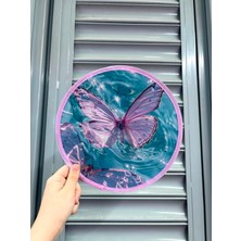 D2listone Desenli Katlanabilir Yuvarlak Yazlık Taşınabilir El Yelpazesi Pembe Kelebek 25CM