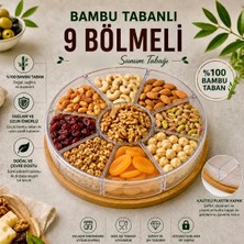Aşkana %100 Bambu Tabanlı 9 Bölmeli Çerezlik, Atıştırmalık Sunum Tabağı- Şeffaf Plastik Bölmeli ve Plastik Kapaklı