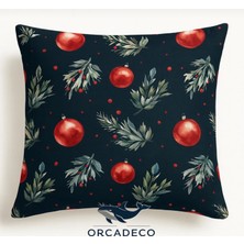 Orcadeco -Yeni Yıl Kırmızı Top & Çam Dalı Desenli Dekoratif Yastık Kılıfı