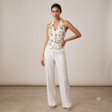 Centilmen Sayteks Çiçek Desenli Halter Yaka Ekru Crop Bluz 2314053