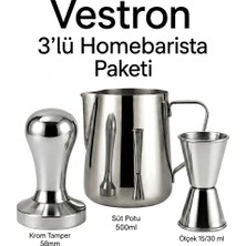 Vestron HomeBarista Espresso 3lu Set | Sut Pot Krom Tamper Çelik Ölçek Jigger