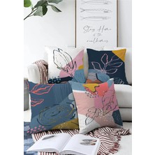 Rem Home 4'lü Çift Taraflı Renkli Bohem Yaprak Çizimli Özel Tasarım Modern Raşel Kırlent Kılıfı Seti 55X55CM