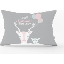 Rem Home Gri Zeminli Unicorn Baby Shower Desenli Çocuk Odası Dikdörtgen Yastık Kılıfı