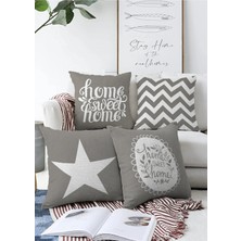Rem Home Gri Zemin Home Sweet 4'lü Çift Taraflı Raşel Örme Yastık Kırlent Kılıf Seti