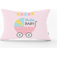 Rem Home Pembe Zeminde Baby Shower Fil Desenli Dijital Baskılı Bebek Odası Dikdörtgen Yastık Kılıfı