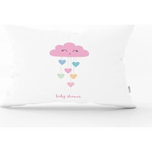Rem Home Beyaz Zeminde Pembe Bulutlu Baby Shower Çocuk Odası Dikdörtgen Yastık Kılıfı