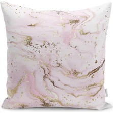 Rem Home Pembe - Gold Zeminde Altın Motifli Mermer Desenli Dijital Baskılı Yastık Kırlent Kılıfı