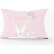 Rem Home Pembe Zeminli Unicorn Baby Shower Desenli Çocuk Odası Dikdörtgen Yastık Kılıfı